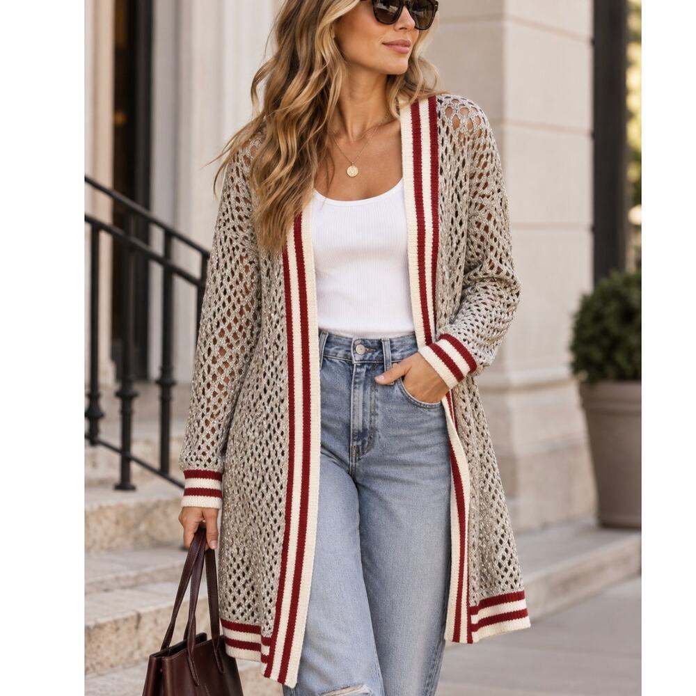 Anthropologie Maeve Metallic Open Knit Duster Cardigan Varsity Stripe One Size
